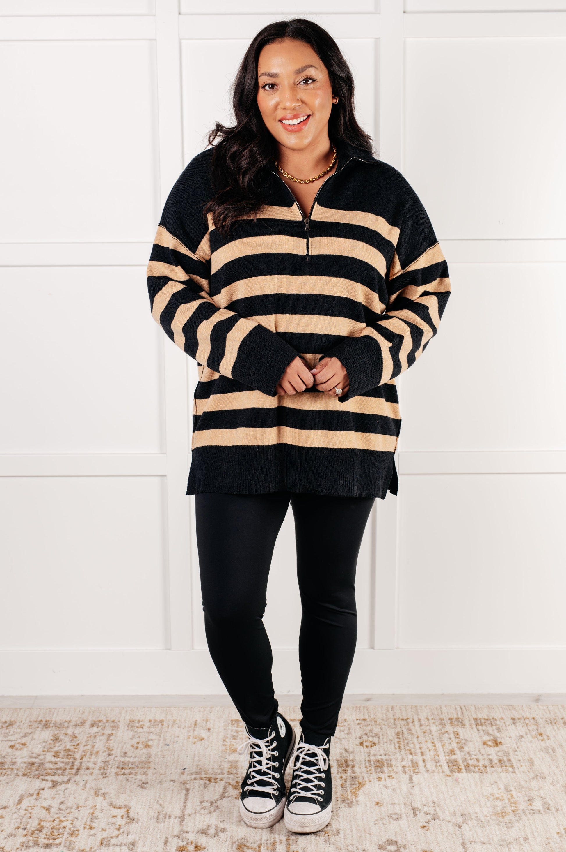 Well Situated Striped Quarter Zip Sweater in Black and Tan-Tops-Modish Lily, Tecumseh Michigan