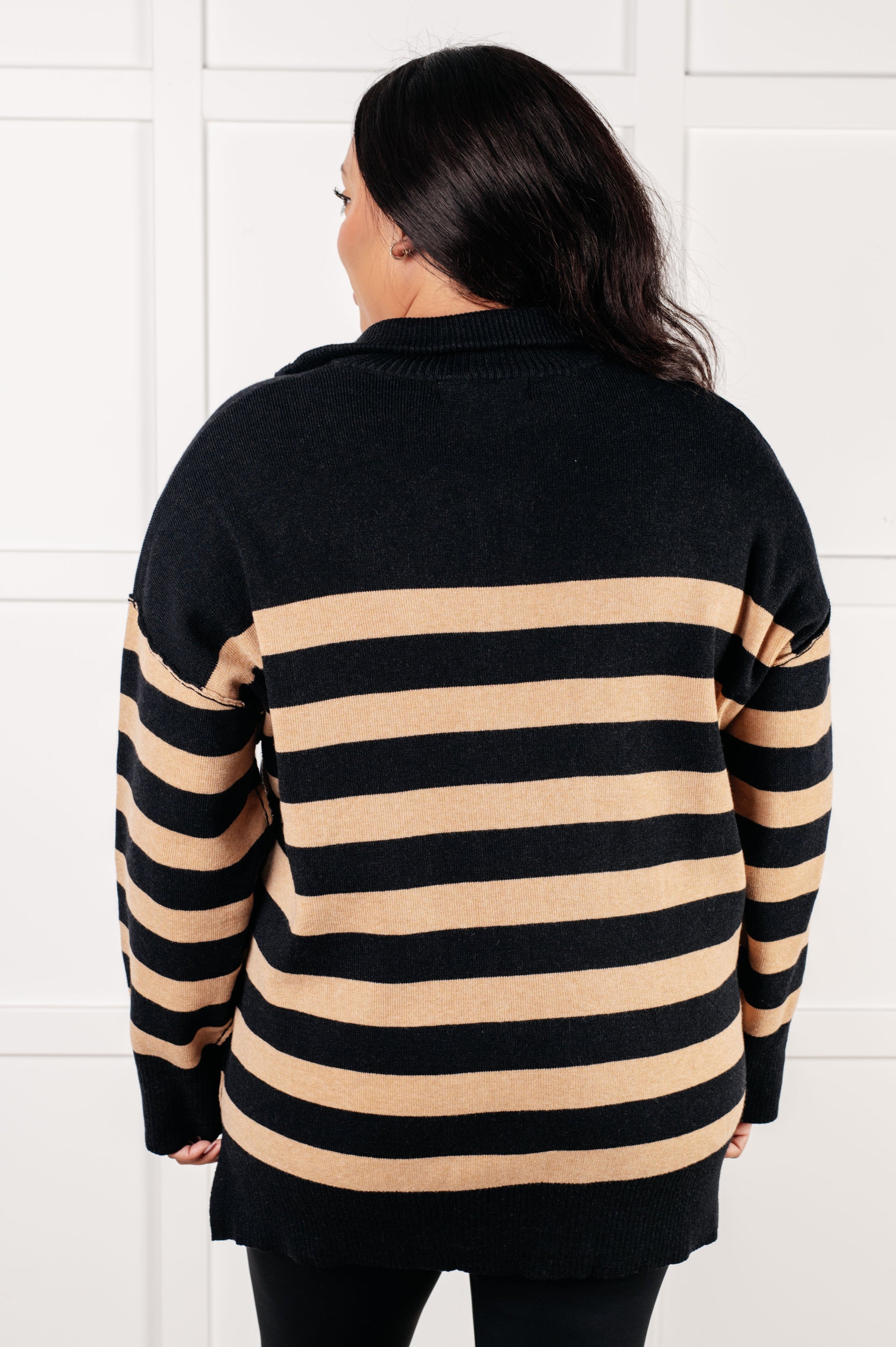 Well Situated Striped Quarter Zip Sweater in Black and Tan-Tops-Modish Lily, Tecumseh Michigan