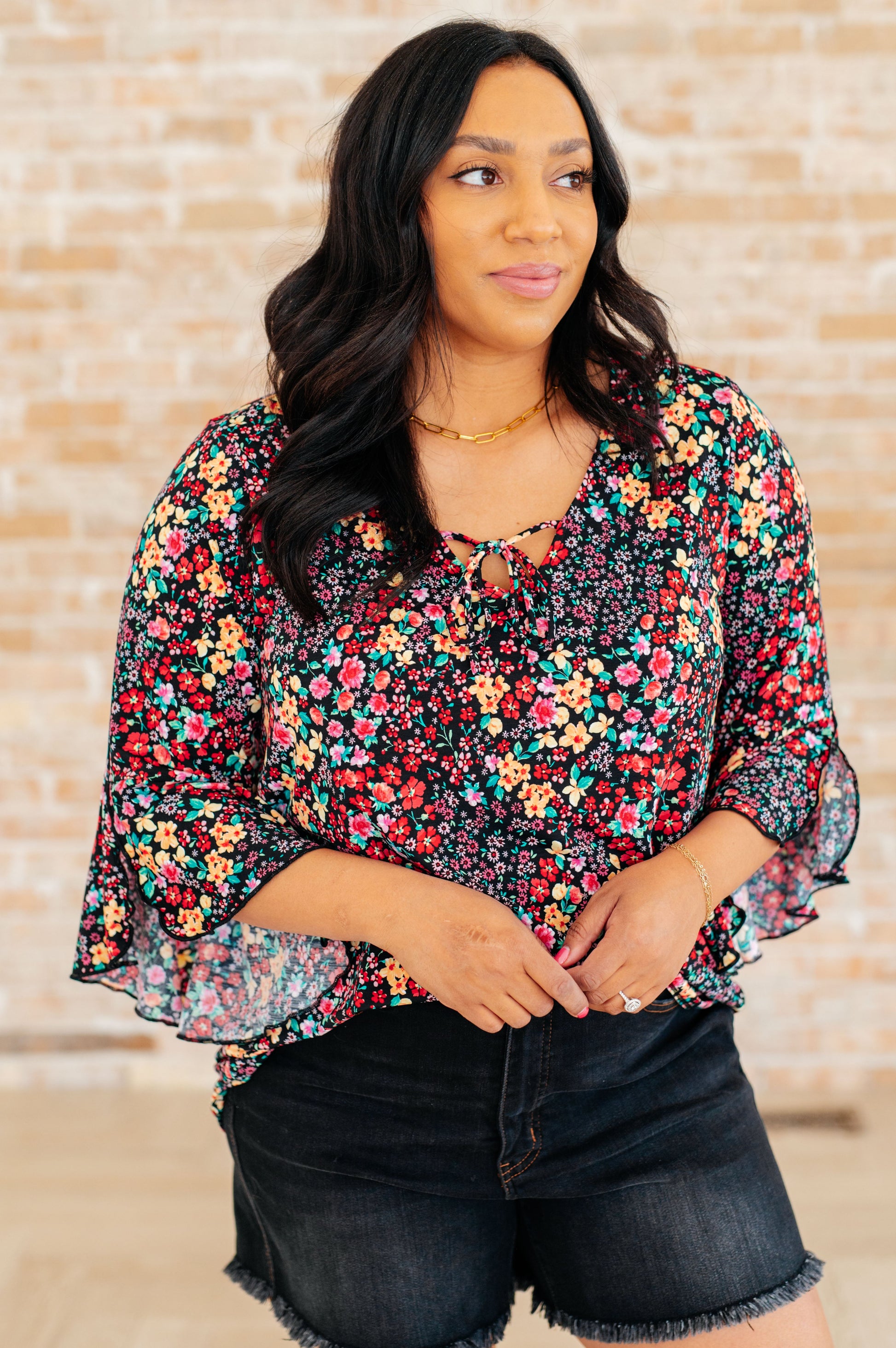 Willow Bell Sleeve Top in Black Multi Ditsy Floral-Tops-Modish Lily, Tecumseh Michigan
