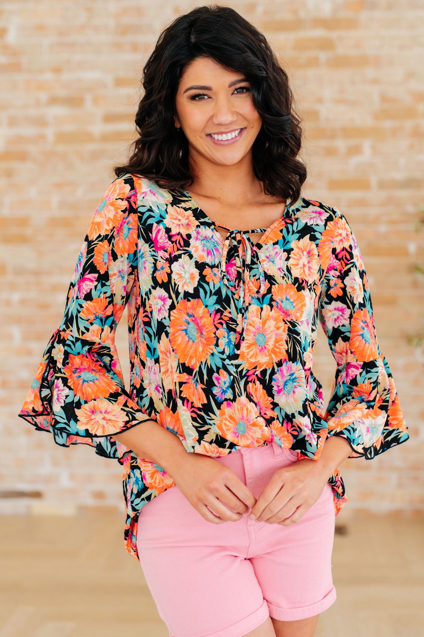 Willow Bell Sleeve Top in Black and Persimmon Floral-Tops-Modish Lily, Tecumseh Michigan