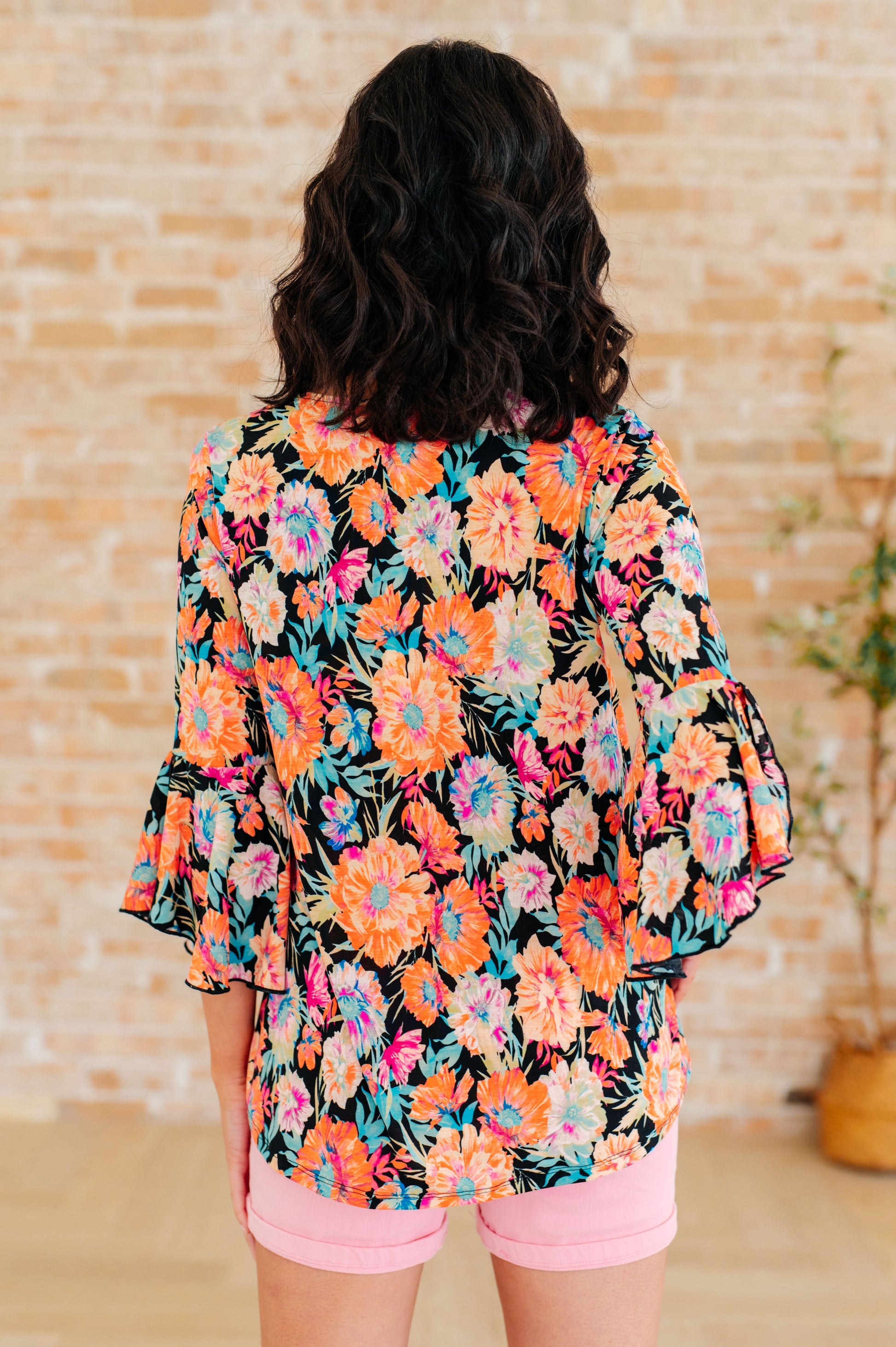 Willow Bell Sleeve Top in Black and Persimmon Floral-Tops-Modish Lily, Tecumseh Michigan