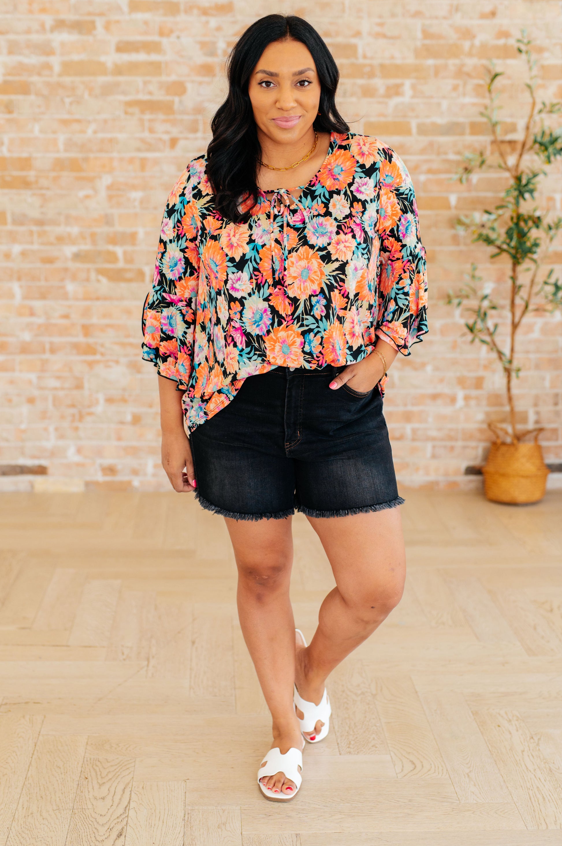 Willow Bell Sleeve Top in Black and Persimmon Floral-Tops-Modish Lily, Tecumseh Michigan