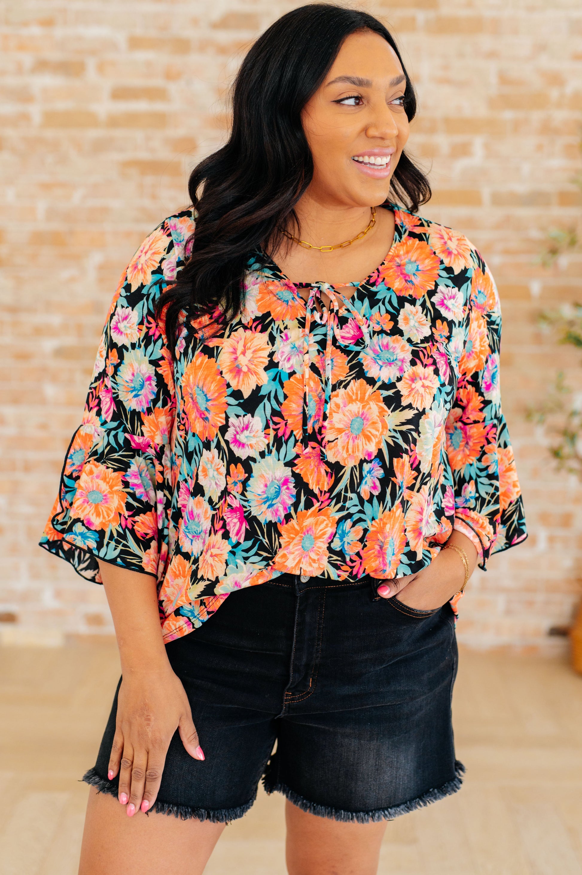 Willow Bell Sleeve Top in Black and Persimmon Floral-Tops-Modish Lily, Tecumseh Michigan