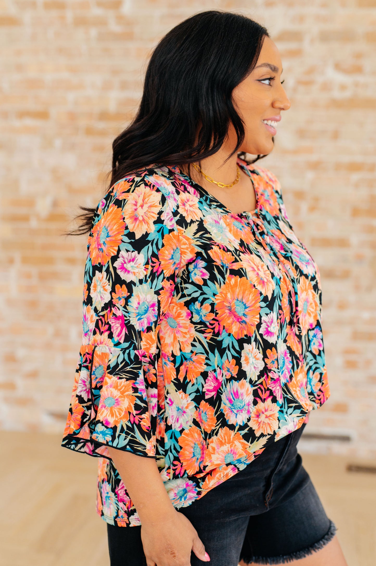 Willow Bell Sleeve Top in Black and Persimmon Floral-Tops-Modish Lily, Tecumseh Michigan