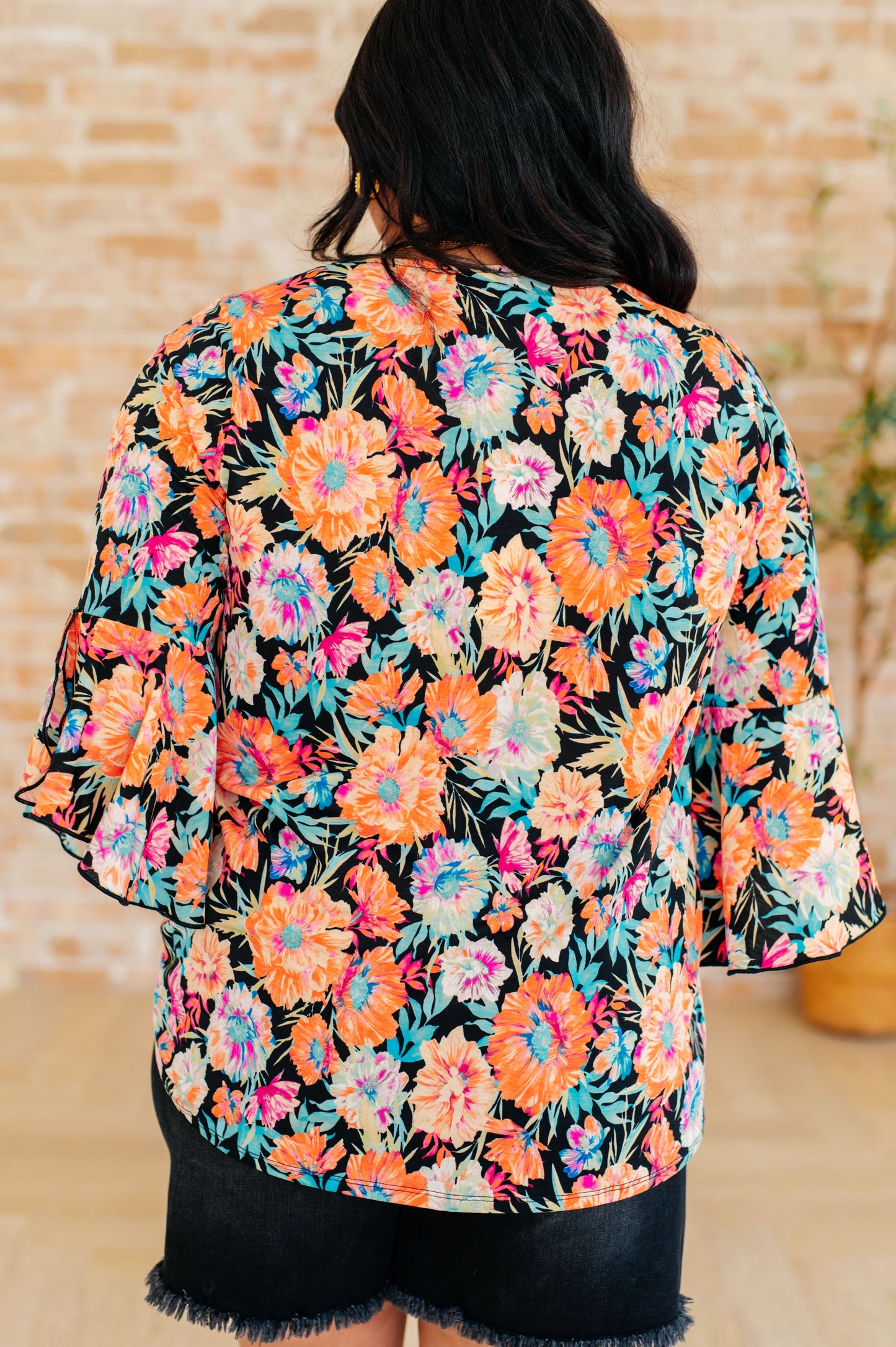 Willow Bell Sleeve Top in Black and Persimmon Floral-Tops-Modish Lily, Tecumseh Michigan