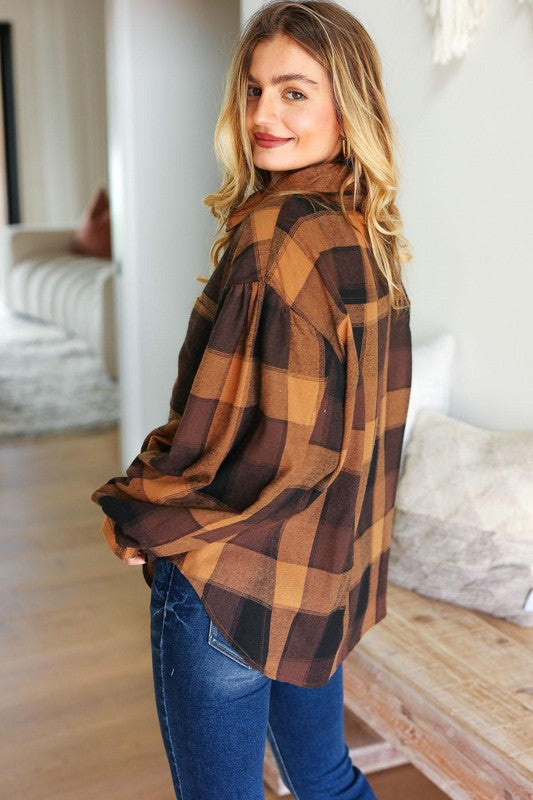 Rock'n Plaid Camel & Charcoal Button Down Oversized Shirt-Modish Lily, Tecumseh Michigan