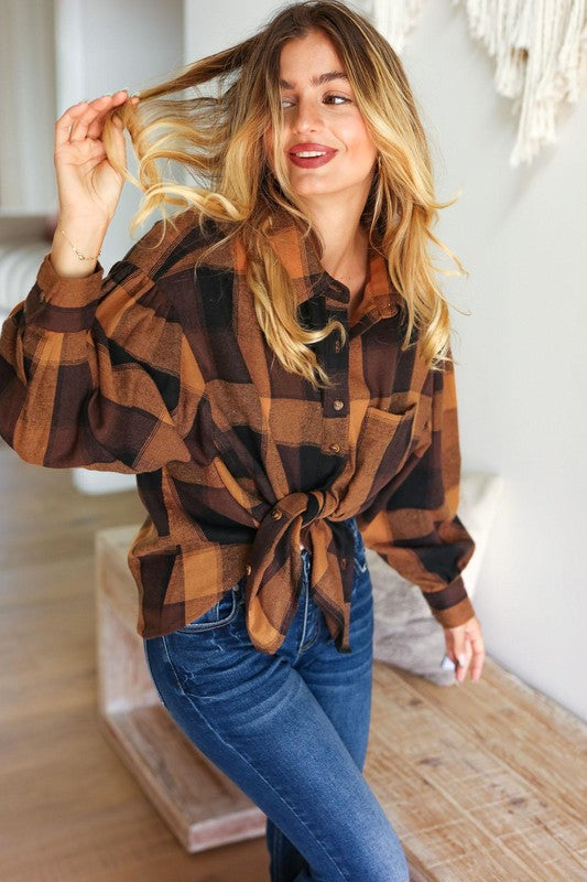 Rock'n Plaid Camel & Charcoal Button Down Oversized Shirt-Modish Lily, Tecumseh Michigan