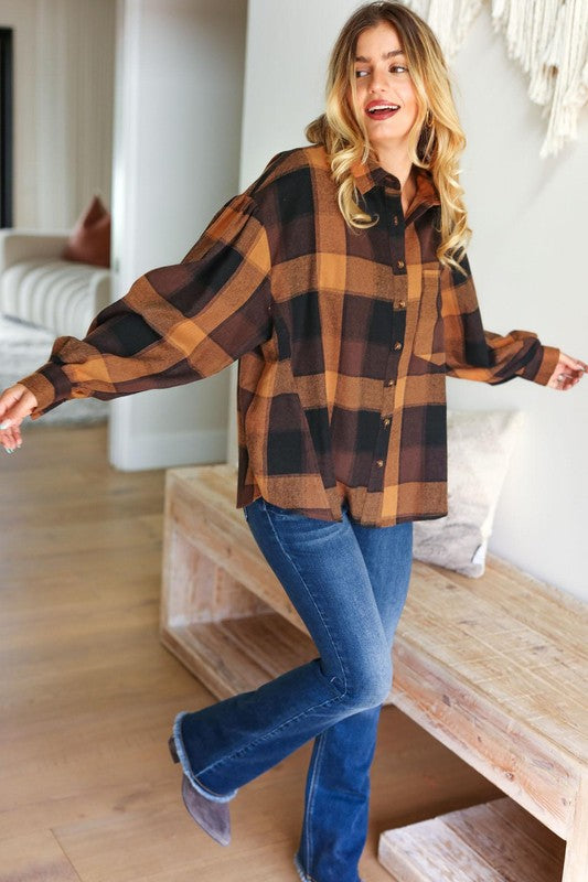 Rock'n Plaid Camel & Charcoal Button Down Oversized Shirt-Modish Lily, Tecumseh Michigan