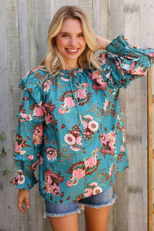 Find Love Aqua Satin Frill Neck Front Tie Ruffle Long Sleeve Blouse-Modish Lily, Tecumseh Michigan