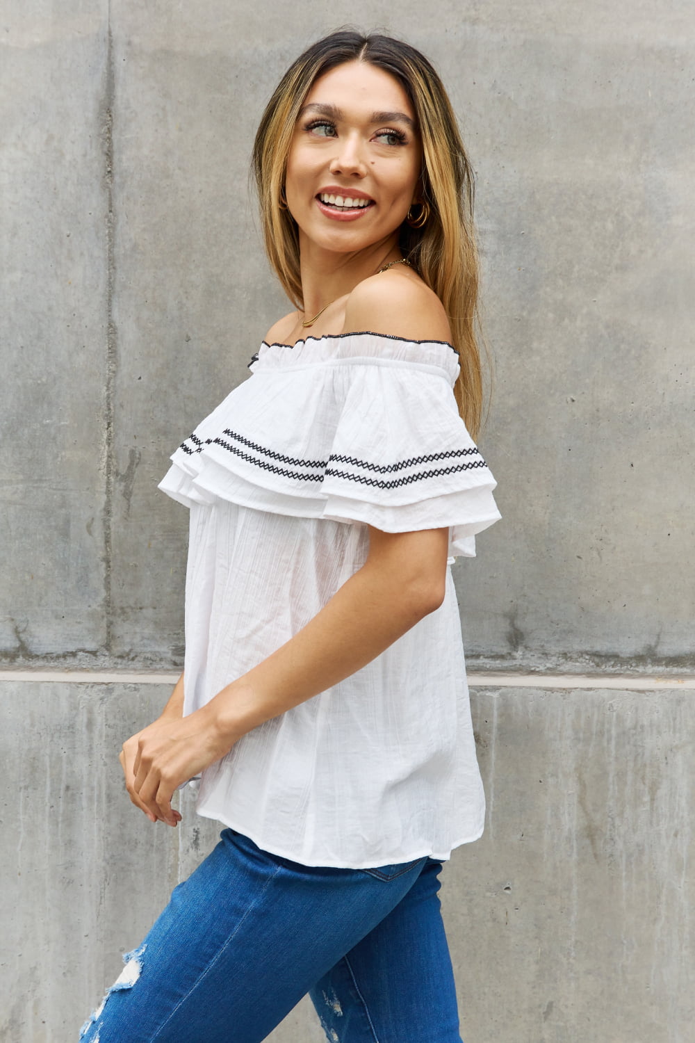 Off The Shoulder Ruffle Blouse-Modish Lily, Tecumseh Michigan