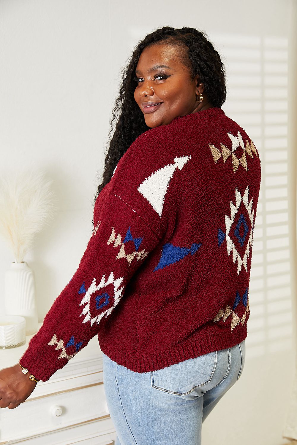 Wine Aztec Soft Fuzzy Sweater-Modish Lily, Tecumseh Michigan