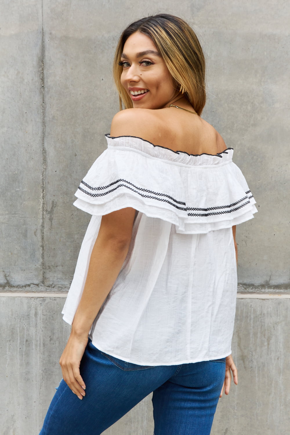 Off The Shoulder Ruffle Blouse-Modish Lily, Tecumseh Michigan