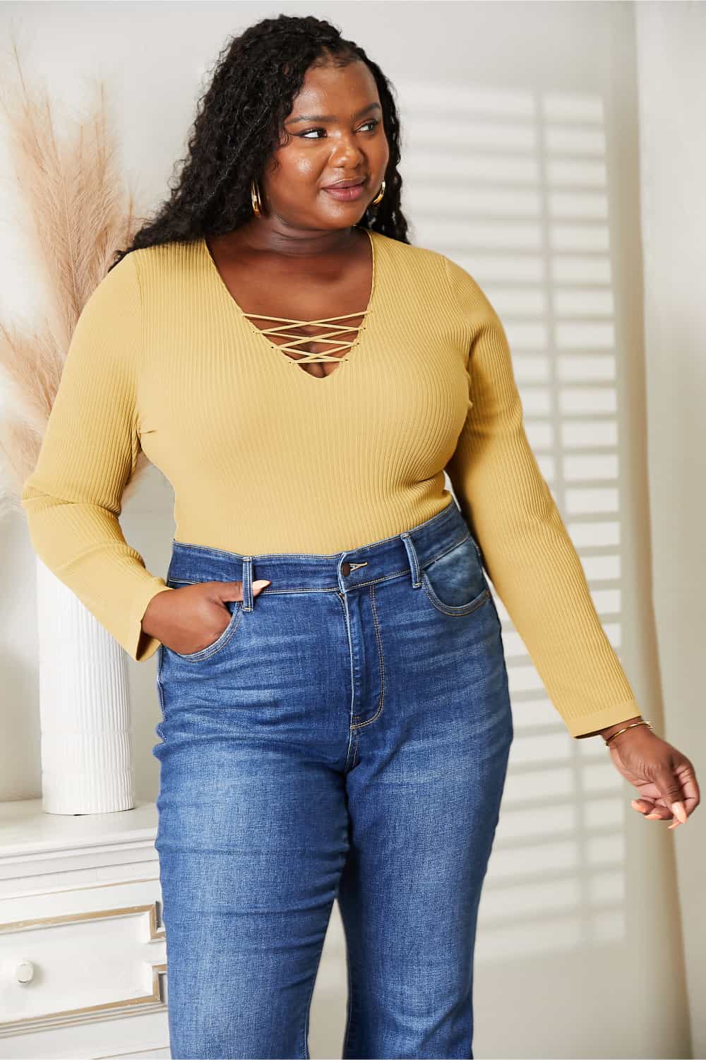 Yellow All About Details Full Size Ribbed Bodysuit-Modish Lily, Tecumseh Michigan