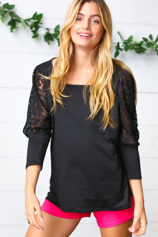 Black Lace Three Quarter Bubble Sleeve Top-Modish Lily, Tecumseh Michigan