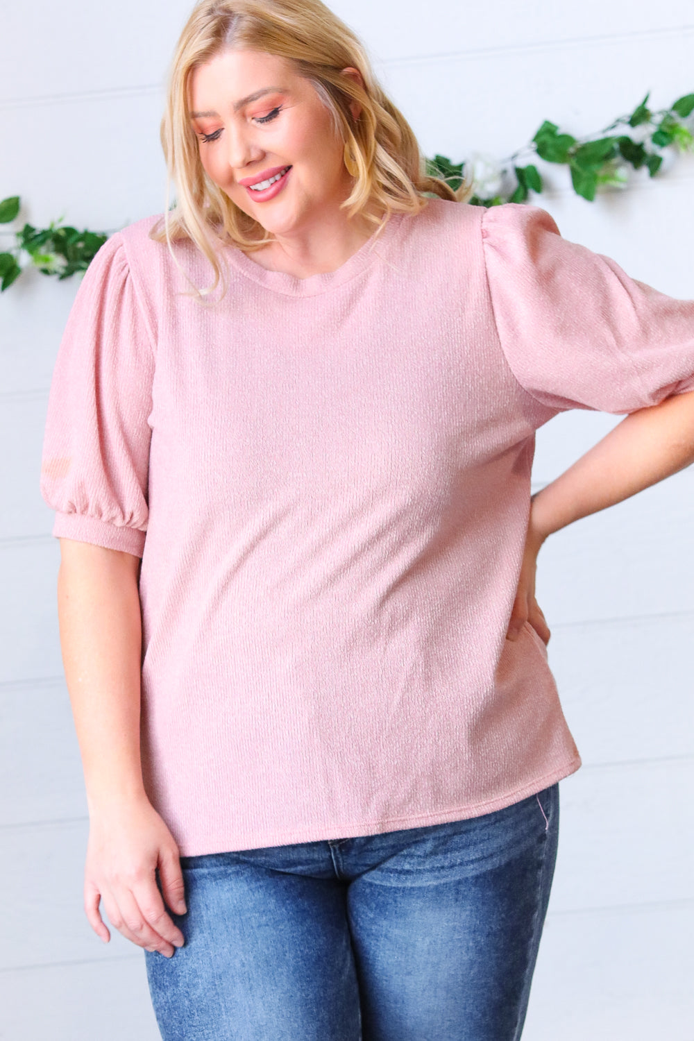 Baby Pink Puff Sleeve Two Tone Sweater Top-Modish Lily, Tecumseh Michigan