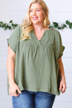 Load image into Gallery viewer, Olive Cotton Banded V Neck Frayed Pocketed Top-Modish Lily, Tecumseh Michigan
