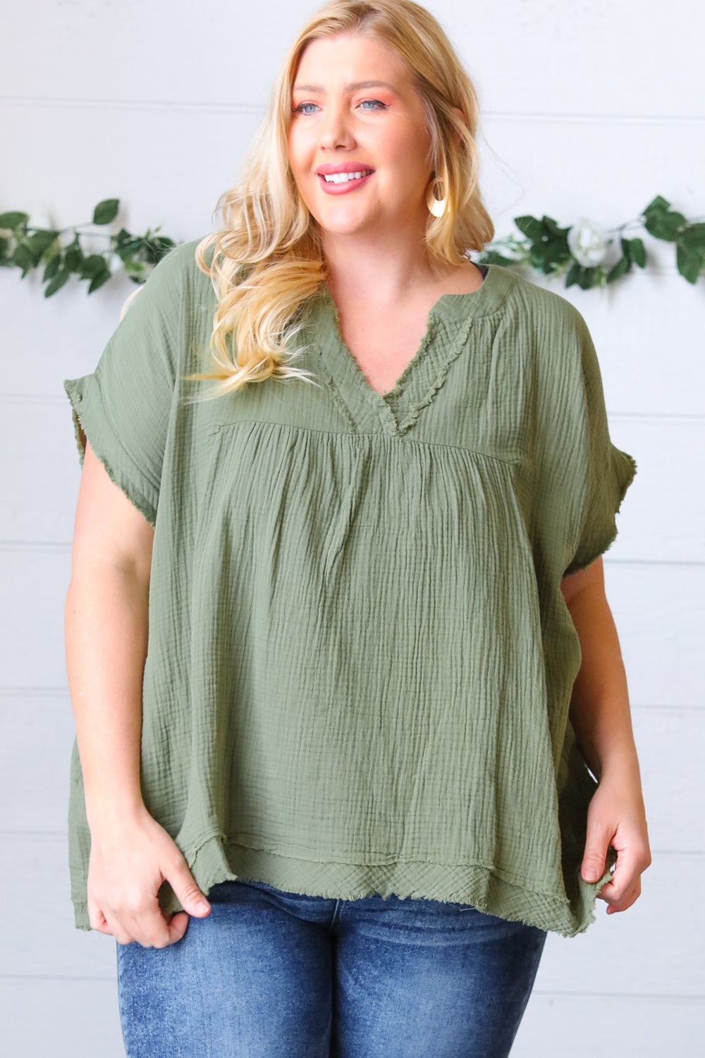 Olive Cotton Banded V Neck Frayed Pocketed Top-Modish Lily, Tecumseh Michigan