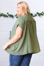 Load image into Gallery viewer, Olive Cotton Banded V Neck Frayed Pocketed Top-Modish Lily, Tecumseh Michigan
