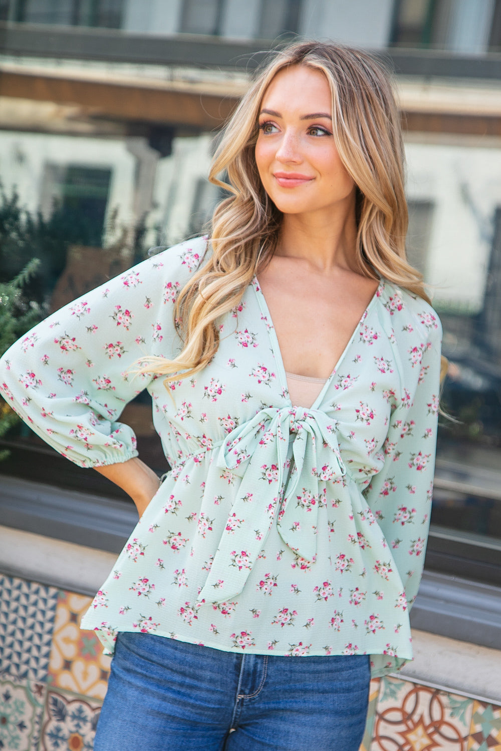 Mint Crepe Seersucker Floral Knotted Woven Blouse-Modish Lily, Tecumseh Michigan