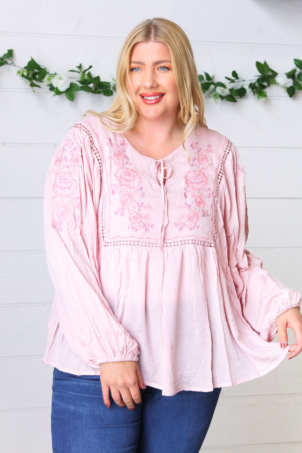 Blush Embroidered Tie String Peasant Top-Modish Lily, Tecumseh Michigan