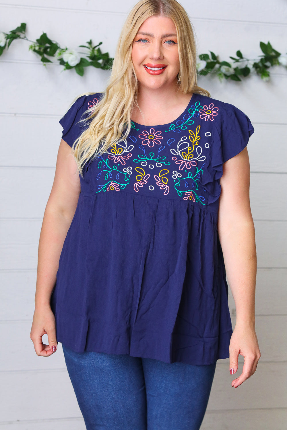 Navy Floral Embroidered Flutter Sleeve Top-Modish Lily, Tecumseh Michigan