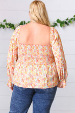Load image into Gallery viewer, Peach/Teal Floral Square Neck Smocked Challis Blouse-Modish Lily, Tecumseh Michigan

