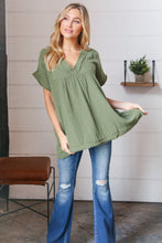 Load image into Gallery viewer, Olive Cotton Banded V Neck Frayed Pocketed Top-Modish Lily, Tecumseh Michigan
