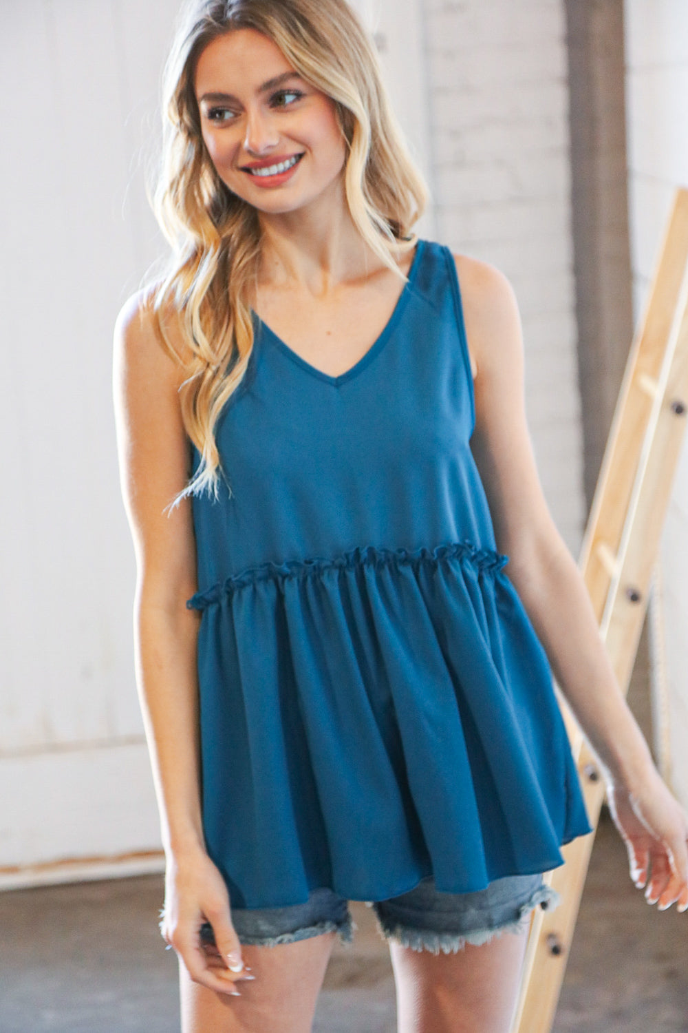 Azure Blue V Neck Sleeveless Ruffle Frill Tunic-Modish Lily, Tecumseh Michigan