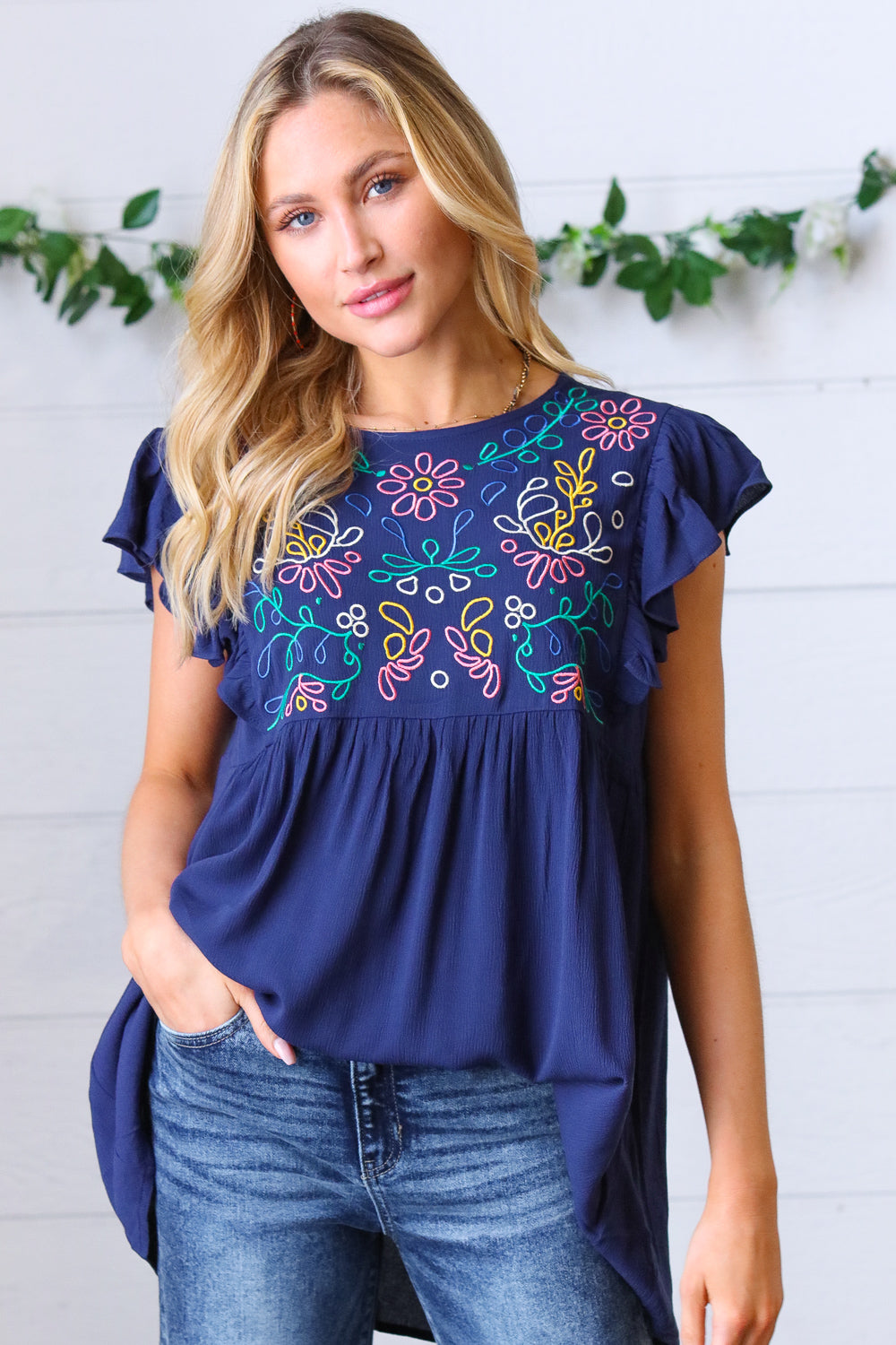 Navy Floral Embroidered Flutter Sleeve Top-Modish Lily, Tecumseh Michigan