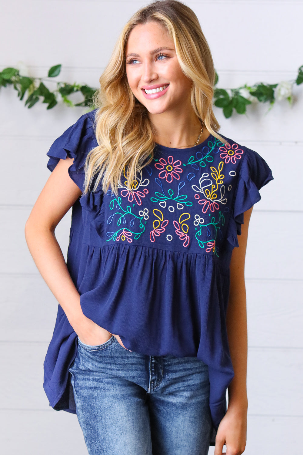 Navy Floral Embroidered Flutter Sleeve Top-Modish Lily, Tecumseh Michigan