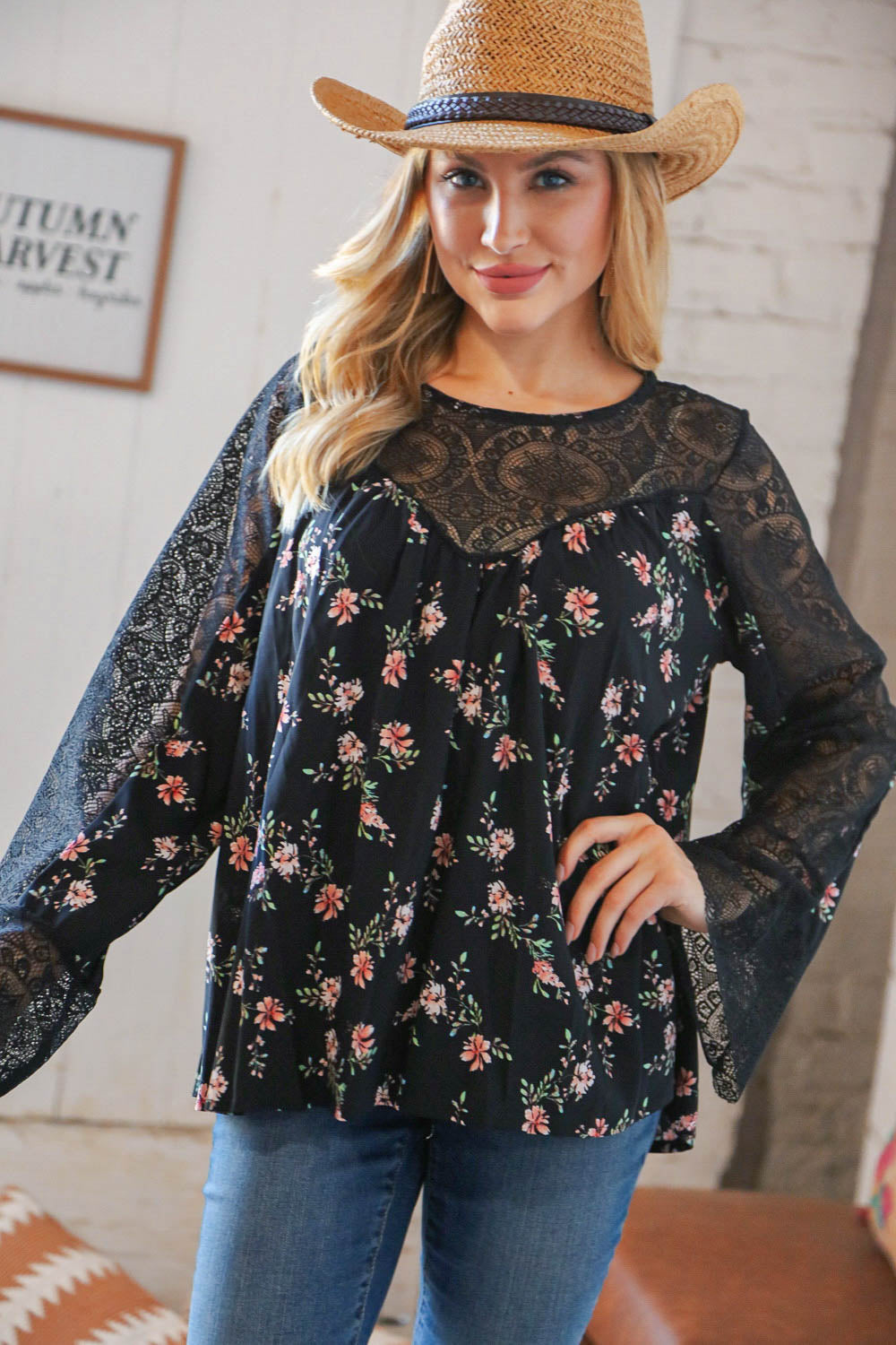 Black Floral Lace Color Block Bell Sleeve Blouse-Modish Lily, Tecumseh Michigan