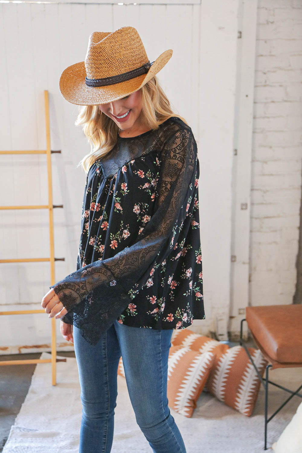 Black Floral Lace Color Block Bell Sleeve Blouse-Modish Lily, Tecumseh Michigan