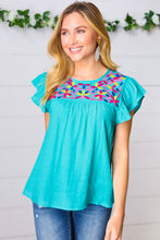 Load image into Gallery viewer, Turquoise Floral Embroidered Ruffle Sleeve Top-Modish Lily, Tecumseh Michigan
