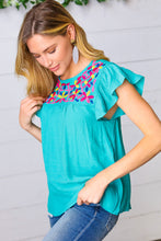 Load image into Gallery viewer, Turquoise Floral Embroidered Ruffle Sleeve Top-Modish Lily, Tecumseh Michigan
