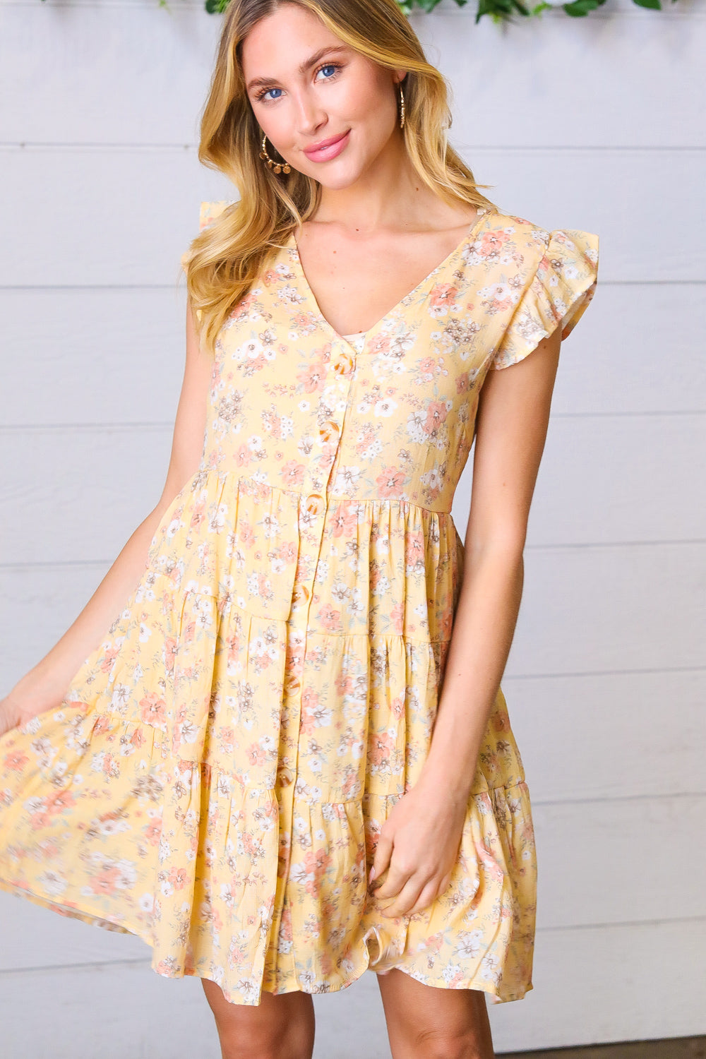 Yellow Floral Button Up Lined Dress-Modish Lily, Tecumseh Michigan