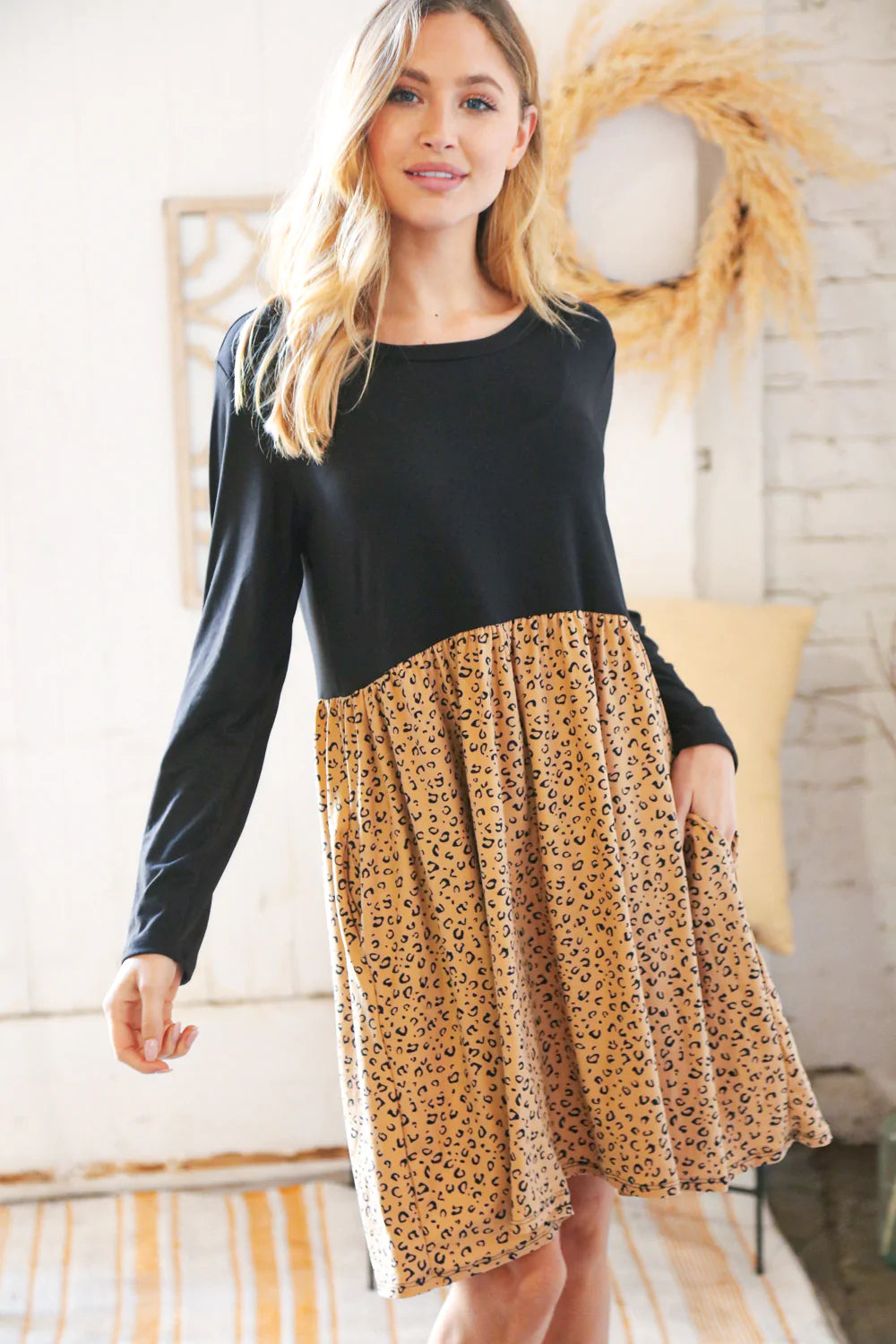 Black Leopard Twofer Pocketed Fit and Flare Dress-Modish Lily, Tecumseh Michigan