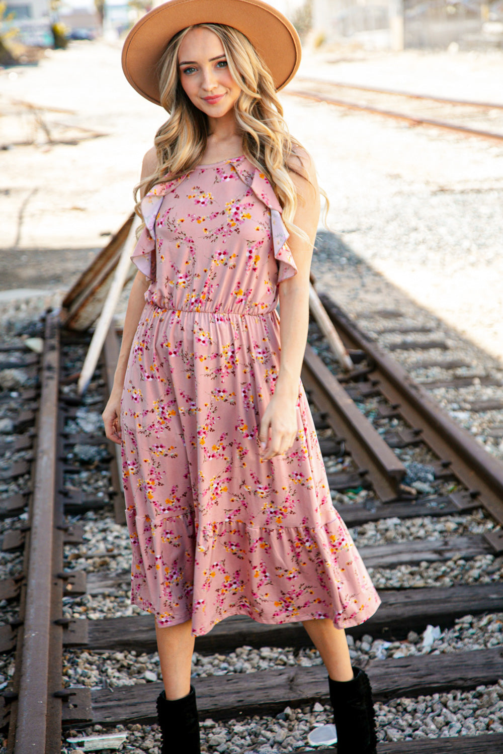 Rose Floral Halter Ruffle Hem Pocketed Midi Dress-2024 Blow-Out Sale-Modish Lily, Tecumseh Michigan