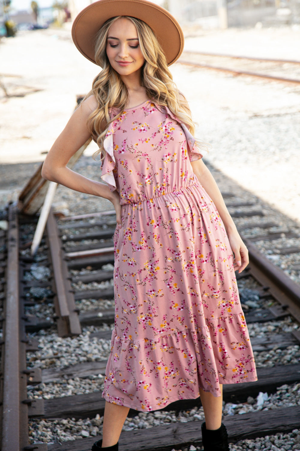 Rose Floral Halter Ruffle Hem Pocketed Midi Dress-2024 Blow-Out Sale-Modish Lily, Tecumseh Michigan