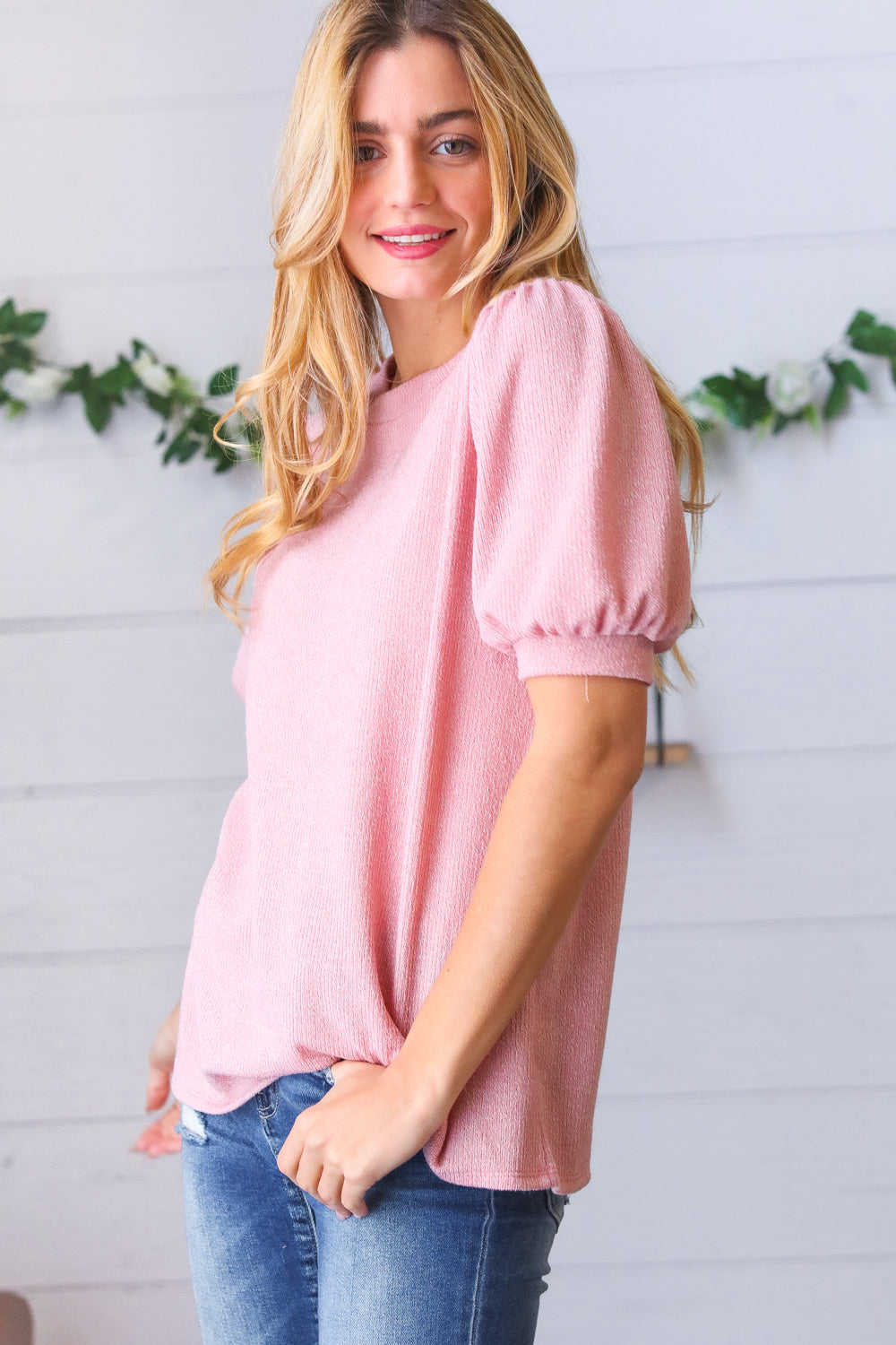Baby Pink Puff Sleeve Two Tone Sweater Top-Modish Lily, Tecumseh Michigan