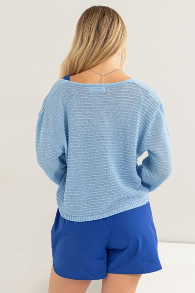 Baby Blue V-Neck Stripe Texture Long Sleeve Top-Modish Lily, Tecumseh Michigan