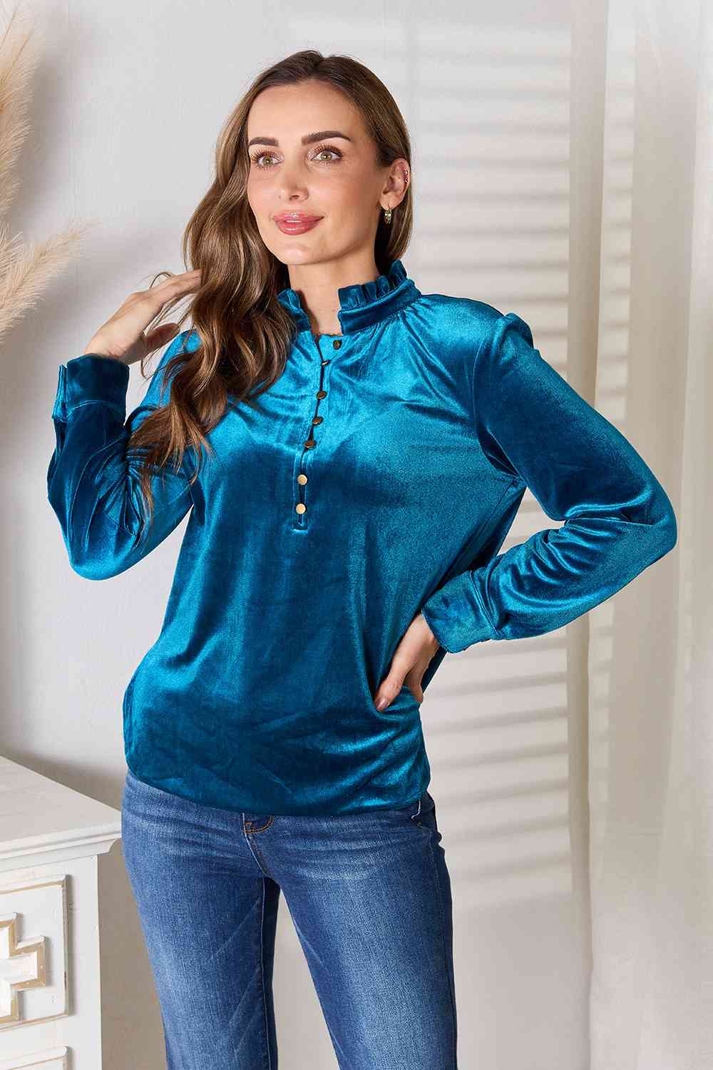 Turquoise Notched Neck Buttoned Long Sleeve Blouse-Modish Lily, Tecumseh Michigan