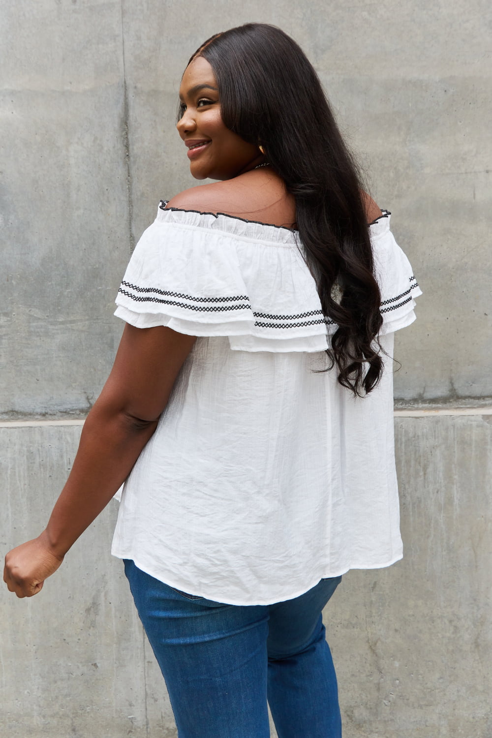 Off The Shoulder Ruffle Blouse-Modish Lily, Tecumseh Michigan