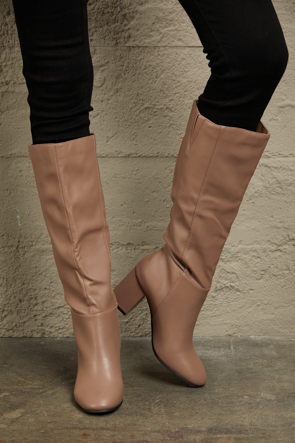 Mocha Block Heel Knee High Boots-Modish Lily, Tecumseh Michigan