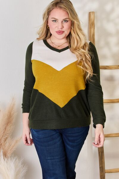 Olive Colorblock V-Neck Blouse-Modish Lily, Tecumseh Michigan