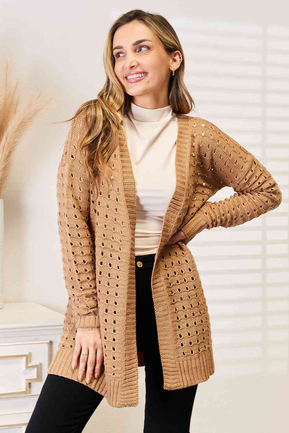 Woven Right Openwork Horizontal Ribbing Open Front Cardigan-Modish Lily, Tecumseh Michigan