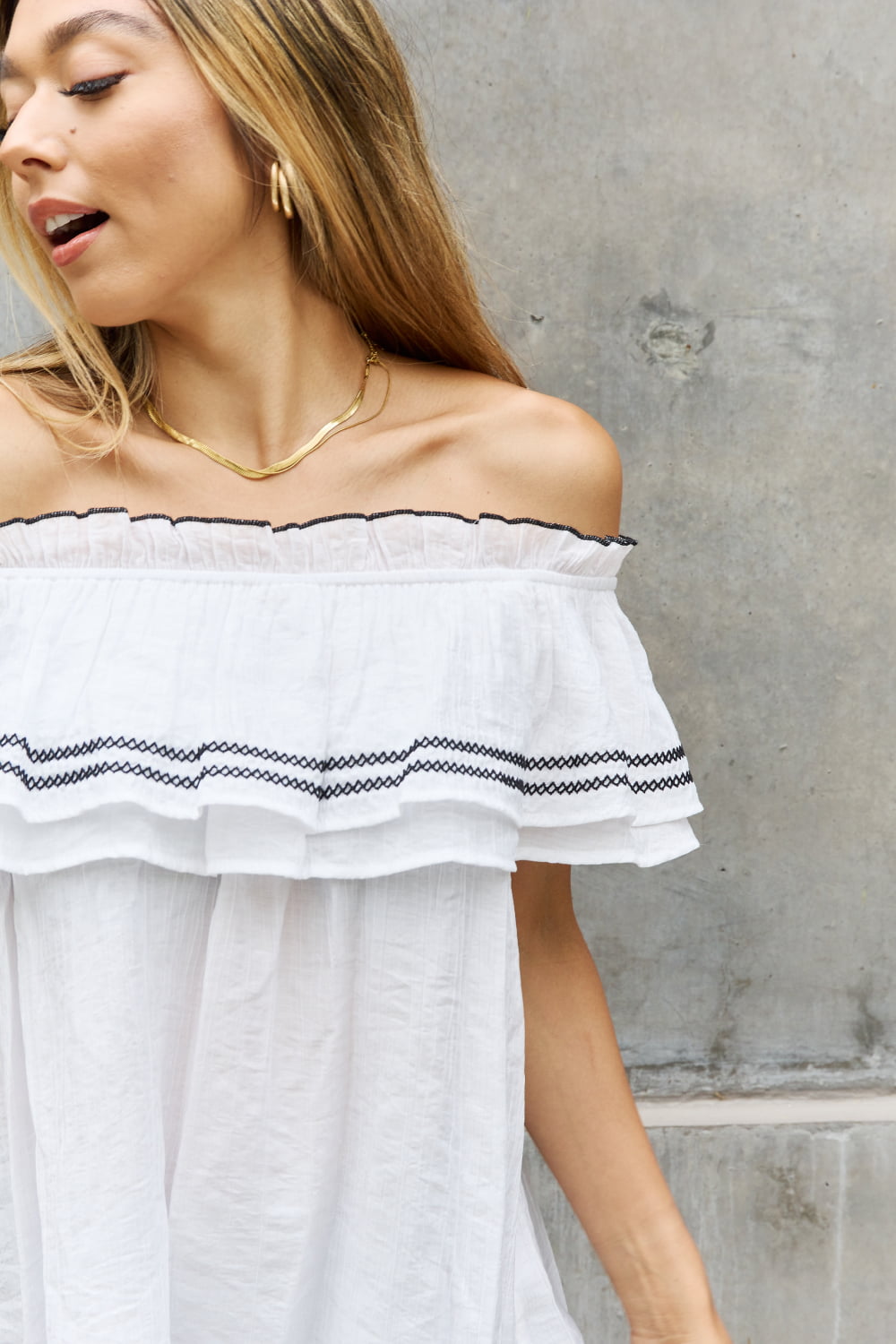 Off The Shoulder Ruffle Blouse-Modish Lily, Tecumseh Michigan