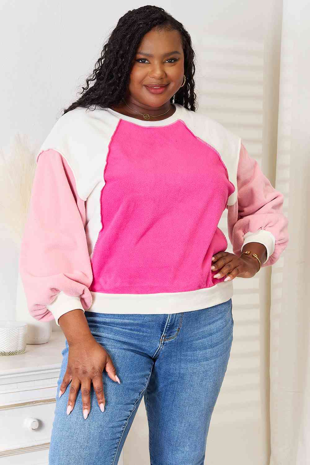 Pink Color Block Dropped Shoulder Sweatshirt-Modish Lily, Tecumseh Michigan