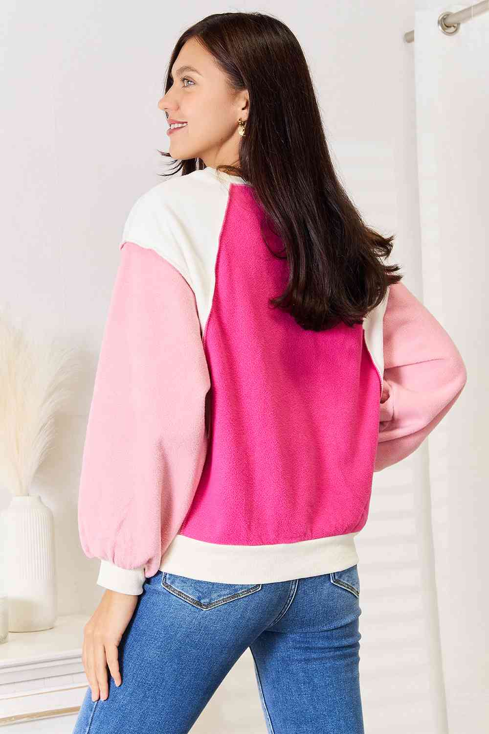 Pink Color Block Dropped Shoulder Sweatshirt-Modish Lily, Tecumseh Michigan