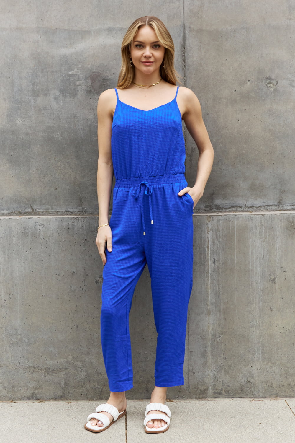 Textured Woven Jumpsuit in Royal Blue-Modish Lily, Tecumseh Michigan