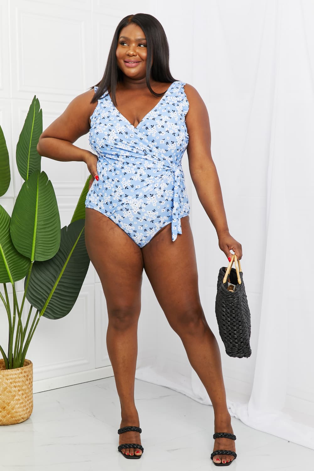 Marina West Swim Full Size Float On Ruffle Faux Wrap One-Piece in Blossom Blue-Modish Lily, Tecumseh Michigan